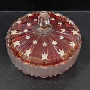 Vintage Anchor Hocking Old Cafe Covered Candy Dish with painted flowers VGUC